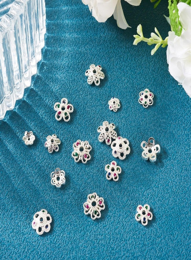 EEE ELECRELIVE Elecrelive 16Pcs Flower Bead Caps Silver Spacer Beads with Cubic Zirconia Stone Flower Cup Shape Bails End Charms for Necklace Bracelet Earring Jewelry Supplies - Image 2